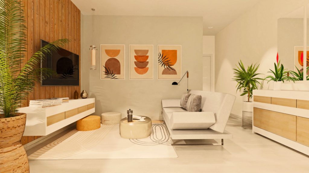 muestra un acogedor salón y aparador en la entrada del apartamento, decorado con colores neutros y verdes. Infografía de J Capmany Profesional 3D