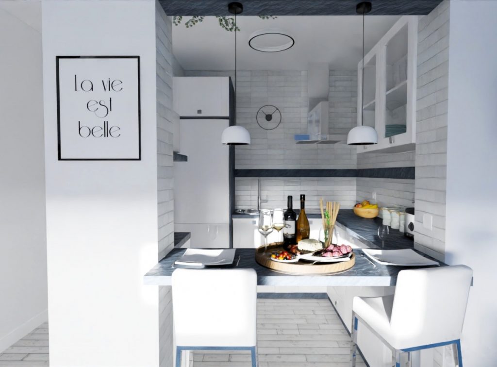 Infografía de J Capmany Profesional 3D: Reforma: Cocina Americana Integrada en Salón Comedor para Ampliar Espacios