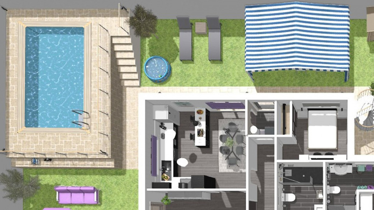 Infografía de J Capmany Profesional 3D:: Plano de Chalé con Jardín y Piscina: Infografía 3D desde la Perspectiva Aérea