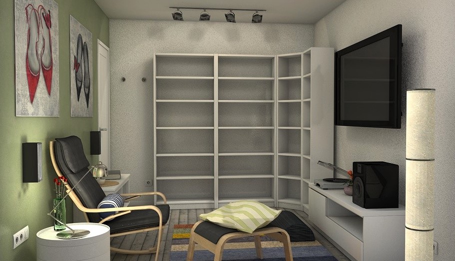 Infografía 3D de una habitación con estanterías preparadas para llenarlas de libros y vinilos. J. Capmany Profesional 3D. Infografías 3D para interiorismo, arquitectura e inmobiliarias.