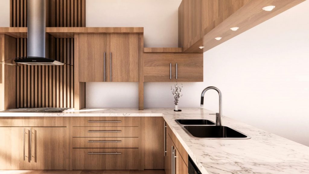 Cocina moderna iluminada de manera eficiente con bombillas LED y luz natural. J. Capmany Profesional 3D. Infografías 3D para interiorismo, arquitectura e inmobiliarias.