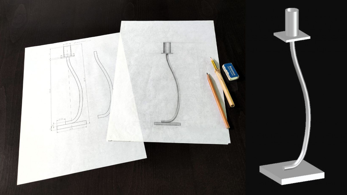 El proceso de diseño y desarrollo del portavelas minimalista, desde la concepción inicial hasta el producto finalizado, ilustrado a través de croquis, boceto y render