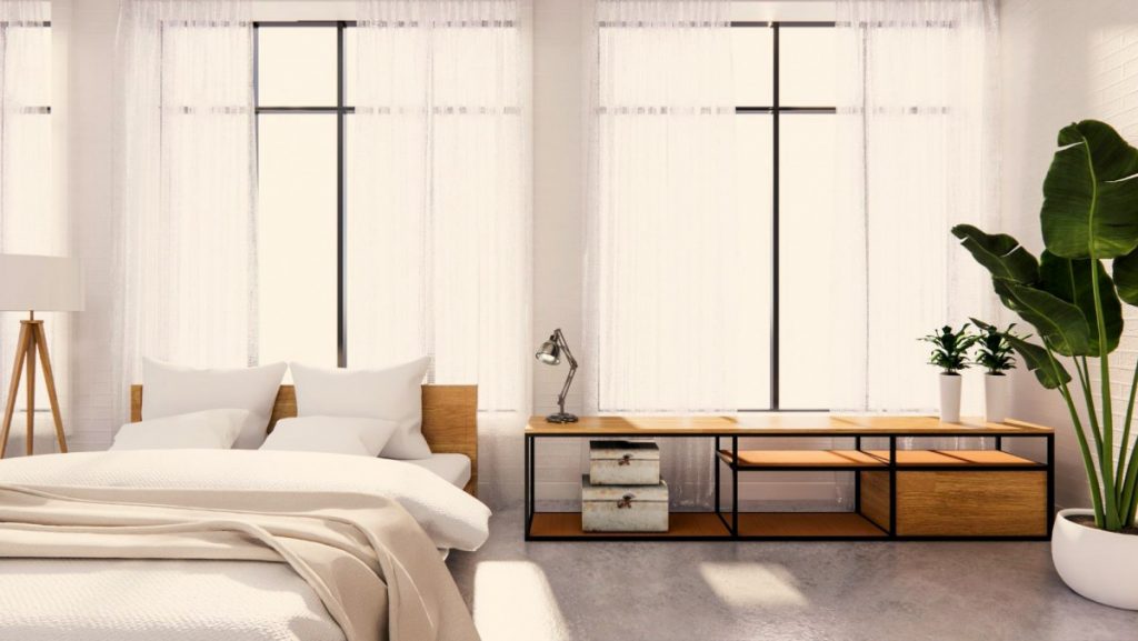 Dormitorio luminoso con ventanales que permiten la entrada de luz natural. J. Capmany Profesional 3D. Infografías 3D para interiorismo, arquitectura e inmobiliarias.