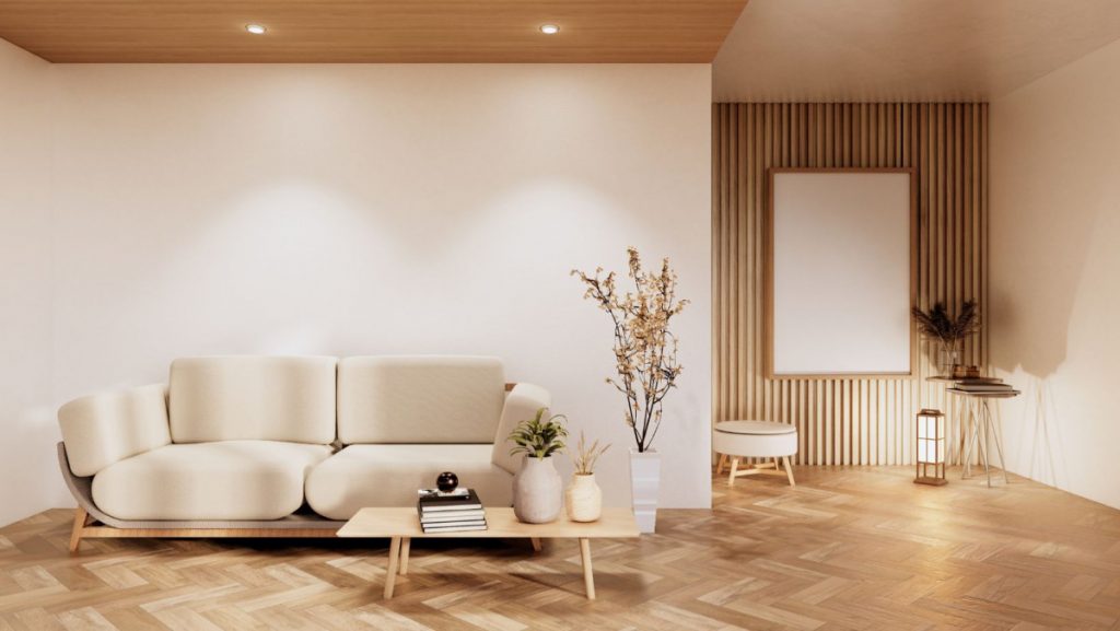 Imagen destacada de un salón minimalista con muebles sencillos, líneas limpias y colores neutros. J. Capmany Profesional 3D. Infografías 3D para interiorismo, arquitectura e inmobiliarias.
