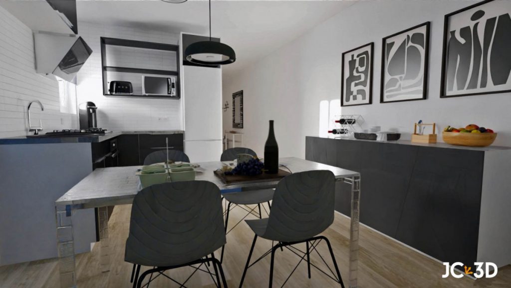Infografía 3D de un loft moderno y luminoso, diseñado para resaltar sus espacios abiertos, detalles arquitectónicos y estilo contemporáneo. La imagen muestra una representación realista del loft con muebles elegantes y una decoración cuidadosamente seleccionada, perfecta para captar la atención de posibles compradores interesados en la vida urbana. J. Capmany Profesional 3D. Infografías 3D para interiorismo, arquitectura e inmobiliarias.
