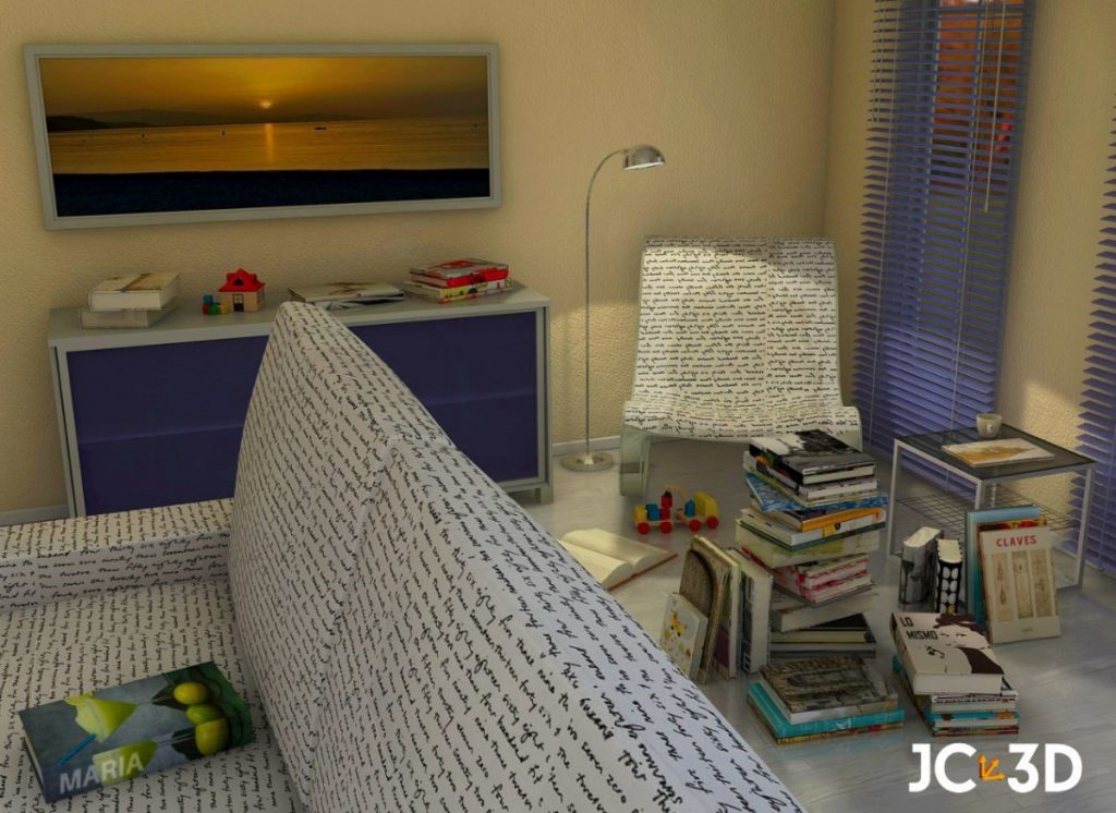 Rincón de lectura iluminado en un salón acogedor lleno de libros. J. Capmany Profesional 3D. Infografías 3D para interiorismo, arquitectura e inmobiliarias.
