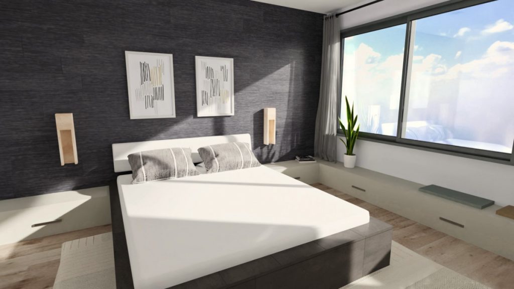 Infografía 3D de Dormitorio con cama baja y decoración minimalista, iluminado por luz natural a través de ventanales y cortinas ligeras. J. Capmany Profesional 3D. Infografías 3D para interiorismo, arquitectura e inmobiliarias.