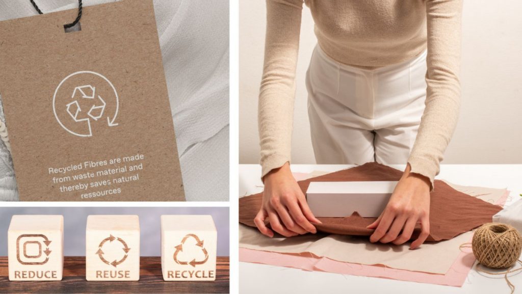 Imagen de una Persona Trabajando en el Diseño de un Nuevo Producto utilizando Materiales Reciclados, Junto a una Bolsa de Material Reciclado y el Concepto de las 3R: Reducir, Reutilizar, Reciclar