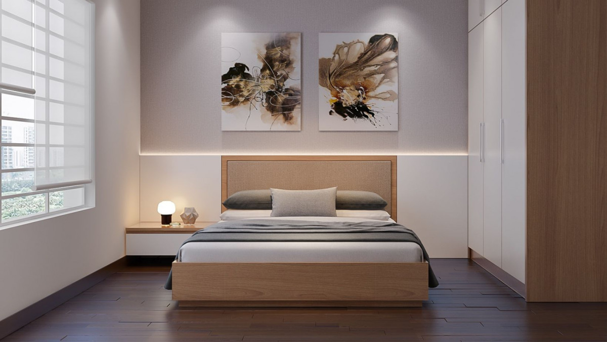 Imagen de un dormitorio minimalista con decoración en tonos terrosos suaves y detalles de hojas. Ambiente luminoso y sereno con ventanales grandes y cortinas blancas. Visualiza tus espacios con J. Capmany Profesional 3D. Infografías 3D para interiorismo, arquitectura e inmobiliarias.
