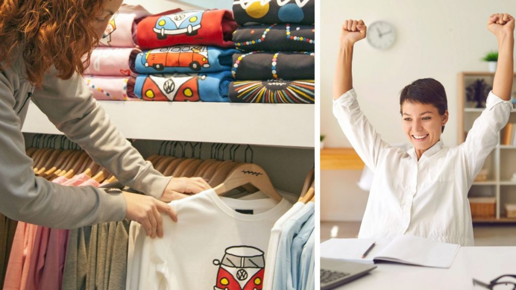 Imagen de una comerciante feliz y exitosa en su tienda, representando el éxito y la satisfacción en el negocio minorista