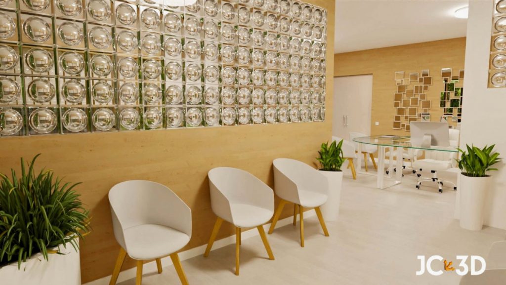 Infografía 3d de espacio de trabajo con diseño biofílico que integra. plantas y elementos naturales para mejorar el bienestar de los empleados. Visualiza tus espacios con J. Capmany Profesional 3D. Infografías 3D para interiorismo, arquitectura e inmobiliarias