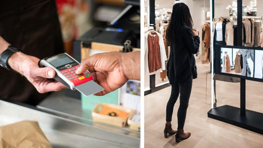 Imagen que muestra un espejo interactivo en uso y un sistema de pago sin contacto en una tienda, ilustrando cómo estas tecnologías mejoran la experiencia de compra