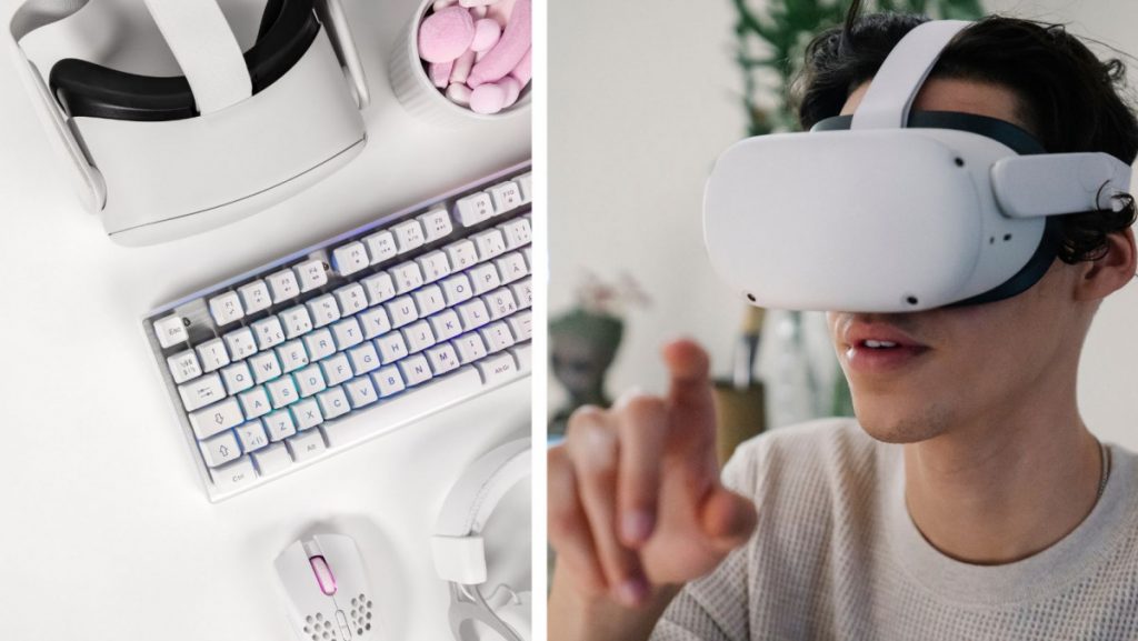 Imagen de un Escritorio con Tecnología Avanzada y una Persona Usando Gafas de Realidad Virtual para el Desarrollo de Productos