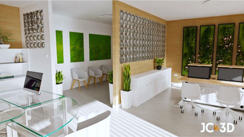 Oficina con diseño biofílico que integra plantas y elementos naturales para mejorar el bienestar de los empleados. Visualiza tus espacios con J. Capmany Profesional 3D. Infografías 3D para interiorismo, arquitectura e inmobiliarias.