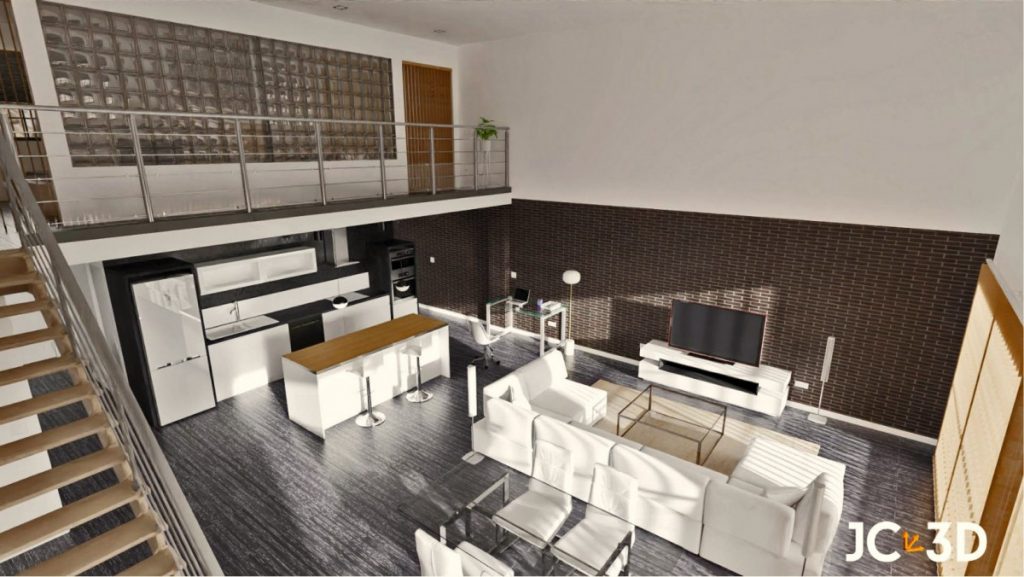 Infografía 3D de un loft minimalista con colores neutros y terrosos según las tendencias de 2024. Soluciones integrales con J Capmany Profesional 3D