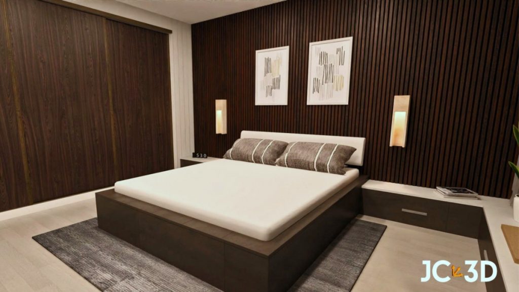 Infografía de un dormitorio minimalista con paleta de colores. Visualiza tus espacios con J. Capmany Profesional 3D. Infografías 3D para interiorismo, arquitectura e inmobiliarias. terrosos, armario empotrado, ventanales y planta verde