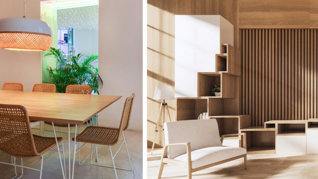 Ambiente interior con muebles de madera reciclada y materiales sostenibles