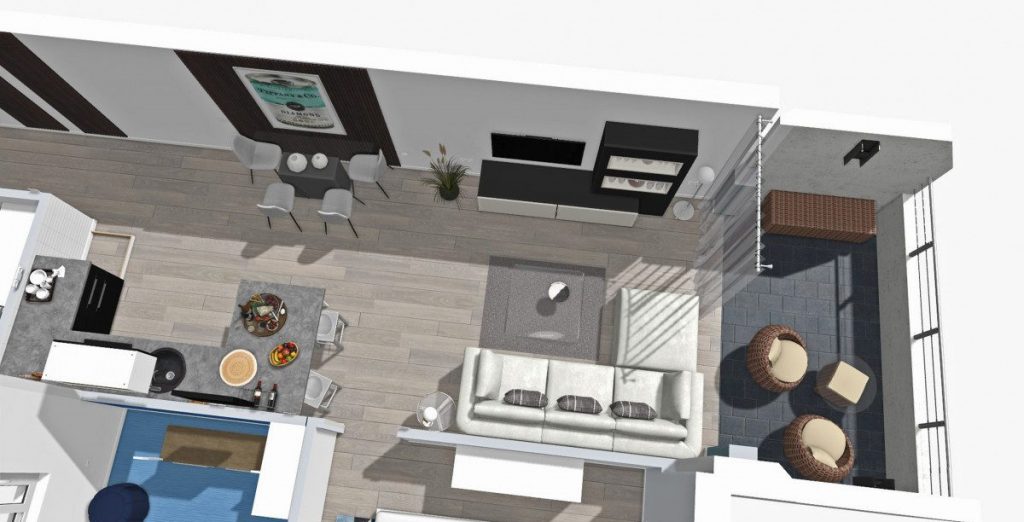 Vista aérea de planta de vivienda. Visualiza tus espacios con J. Capmany Profesional 3D. Infografías 3D para interiorismo, arquitectura e inmobiliarias. Soluciones integrales