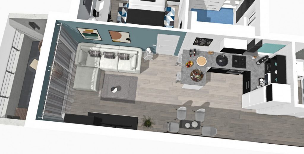 Vista aérea de planta de vivienda. Visualiza tus espacios con J. Capmany Profesional 3D. Infografías 3D para interiorismo, arquitectura e inmobiliarias.