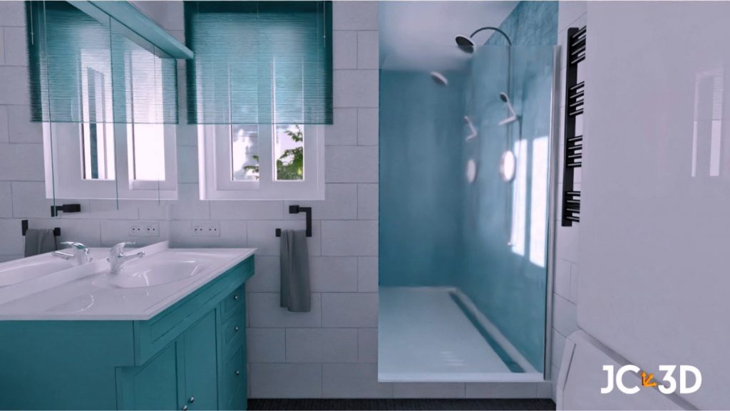 Infografía de un baño optimizado con placa de ducha para espacios pequeños. Visualiza tus espacios con Infografías 3D de J Capmany. Soluciones inmobiliarias