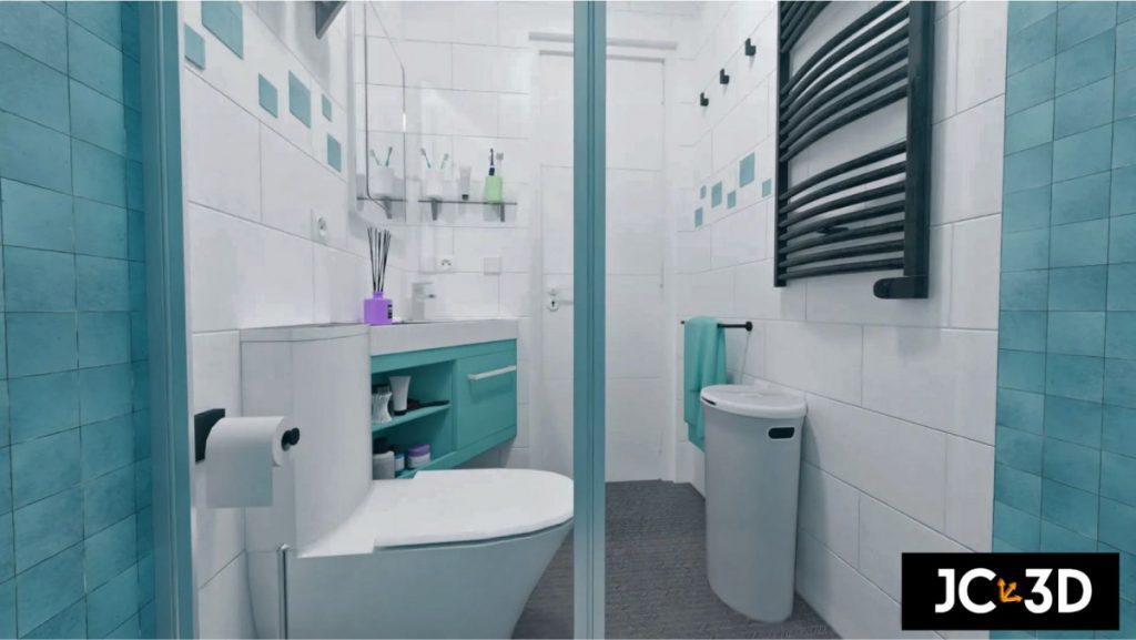 Baño pequeño renovado con azulejos blancos y verdes, mueble tocador, espejo grande y toallero eléctrico calentador detrás de la puerta. Visualiza tus espacios con Infografías 3D de J Capmany. Soluciones inmobiliarias