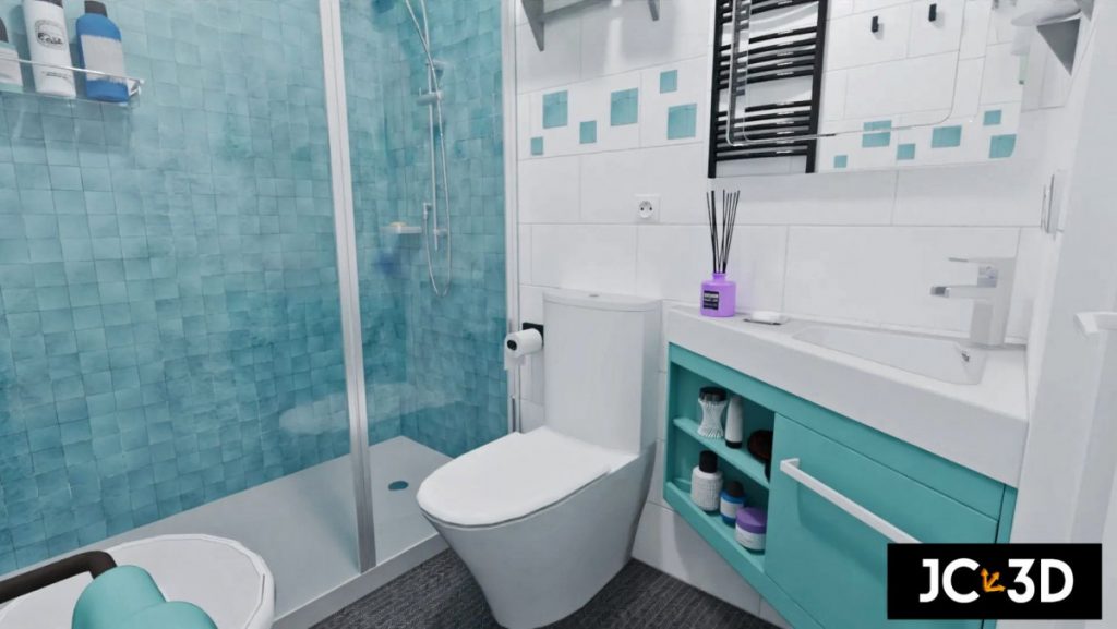 Baño pequeño reformado con placa de ducha moderna, mueble tocador en la esquina y repisas de vidrio para maximizar el espacio.