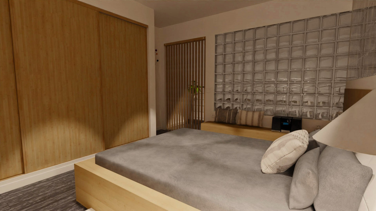 nfografía de un dormitorio minimalista con colores neutros y terrosos, representando las tendencias en diseño de interiores para el año 2024. J Capmany Profesional 3D Soluciones integrales