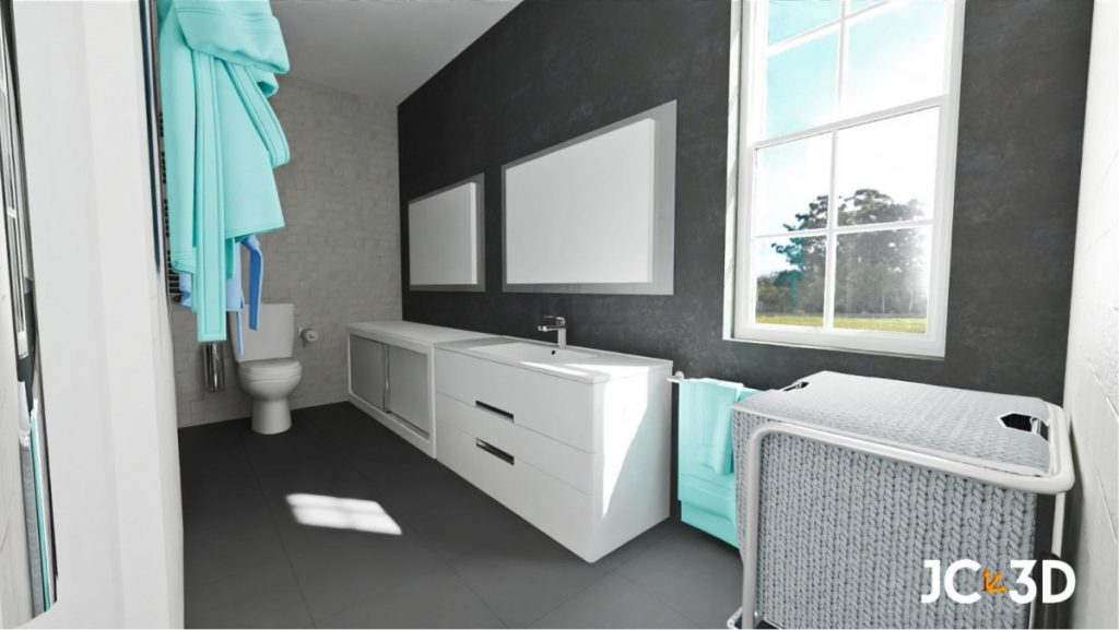 Infografía de un baño optimizado con placa de ducha para espacios pequeños. Visualiza tus espacios con Infografías 3D de J Capmany. Soluciones inmobiliarias