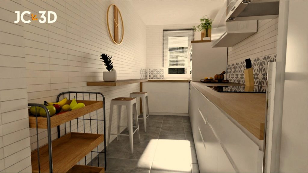 Infografía 3D de una cocina moderna y luminosa con colores neutros y detalles en acero inoxidable. Visualiza tus espacios con Infografías 3D de J Capmany. Soluciones inmobiliarias