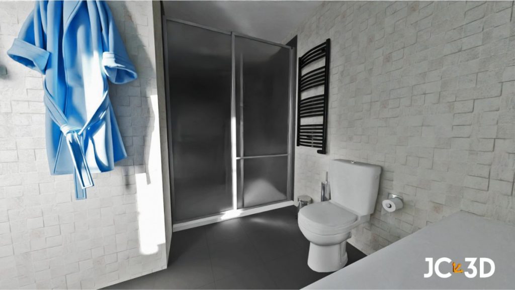 Descubre la modernidad en cada detalle de este baño con una ducha elegante y funcional. Visualiza tus espacios con Infografías 3D de J Capmany. Soluciones inmobiliarias