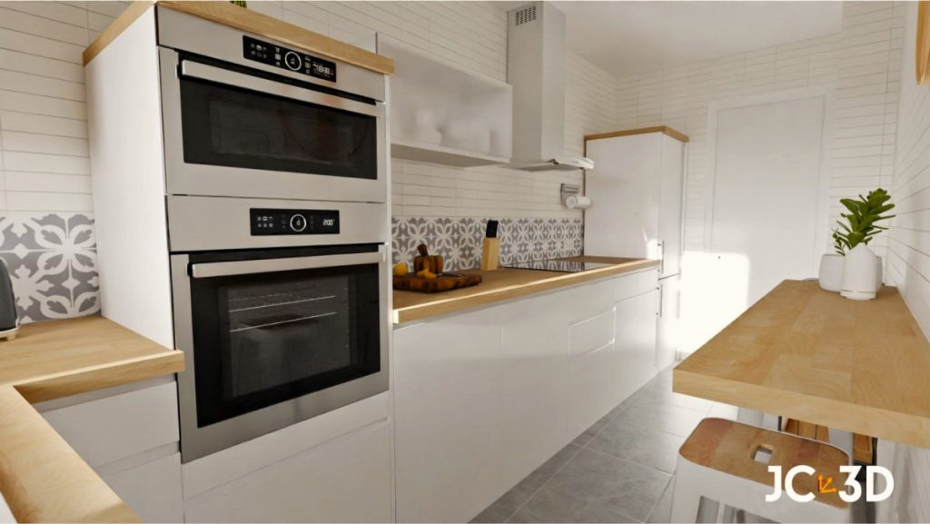 Explora esta infografía 3D de una cocina moderna y luminosa, donde el blanco, la madera clara y el acero inoxidable se combinan para crear un espacio elegante y funcional. Visualiza tus espacios con Infografías 3D de J Capmany. Soluciones inmobiliarias