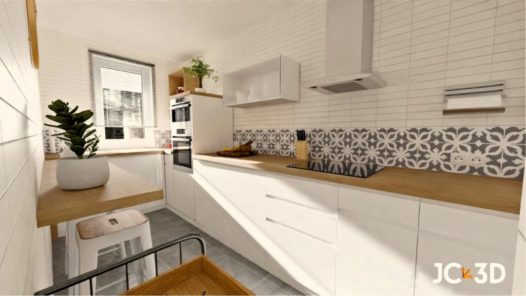 Infografía 3D de una cocina moderna y luminosa con colores neutros y detalles en acero inoxidable. Visualiza tus espacios con Infografías 3D de J Capmany. Soluciones inmobiliarias