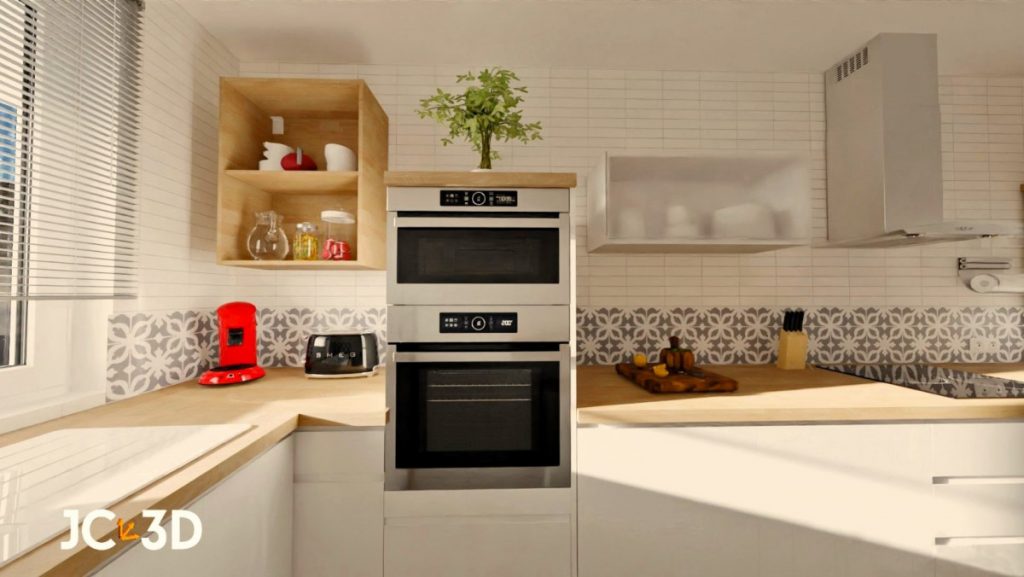 Infografía 3D de una cocina moderna y luminosa con colores neutros y detalles en acero inoxidable. Visualiza tus espacios con Infografías 3D de J Capmany. Soluciones inmobiliarias
