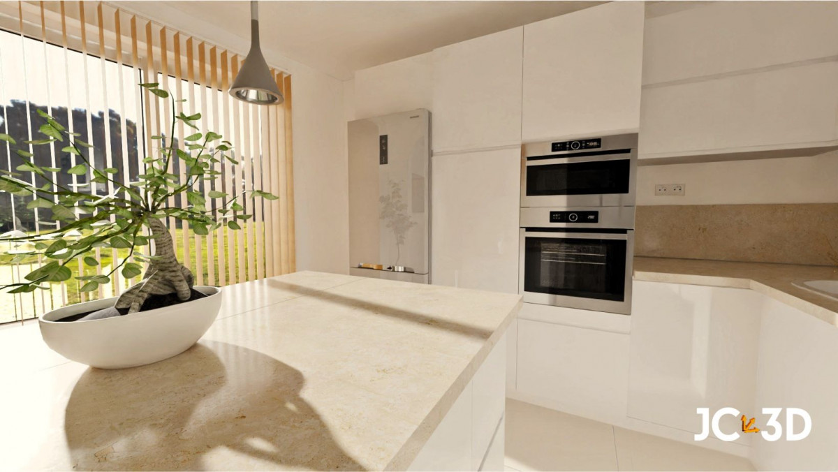 Infografía 3D de una cocina moderna y luminosa con colores neutros y detalles en acero inoxidable. Visualiza tus espacios con Infografías 3D de J Capmany. Soluciones inmobiliarias
