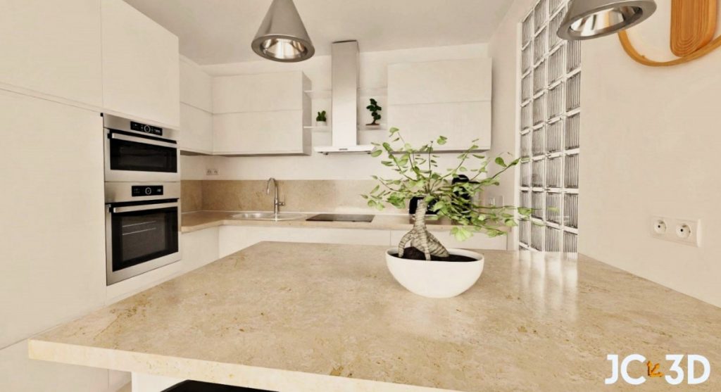 Infografía 3D de una cocina moderna y luminosa con colores neutros y detalles en acero inoxidable. Visualiza tus espacios con Infografías 3D de J Capmany. Soluciones inmobiliarias