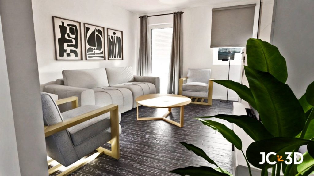 Infografía 3D de un salón comedor. Visualiza tus espacios con Infografías 3D de J Capmany. Soluciones inmobiliarias