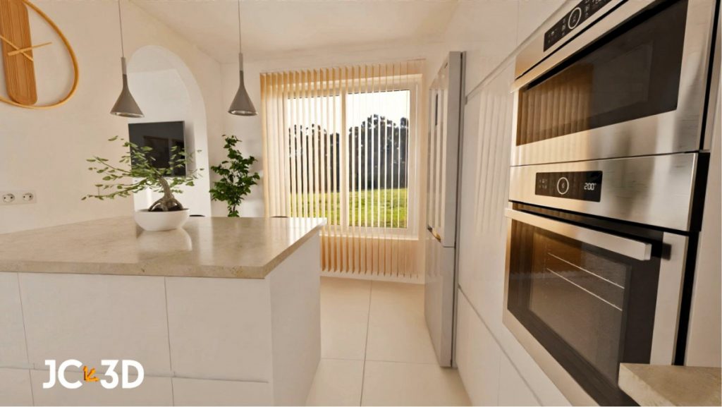 Infografía 3D de una cocina moderna y luminosa con colores neutros y detalles en acero inoxidable. Visualiza tus espacios con Infografías 3D de J Capmany. Soluciones inmobiliarias