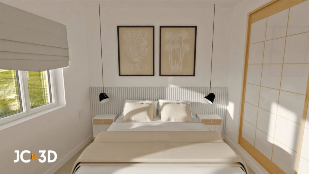 Infografía 3D de un dormitorio con colores neutros. Visualiza tus espacios con Infografías 3D de J Capmany. Soluciones inmobiliarias