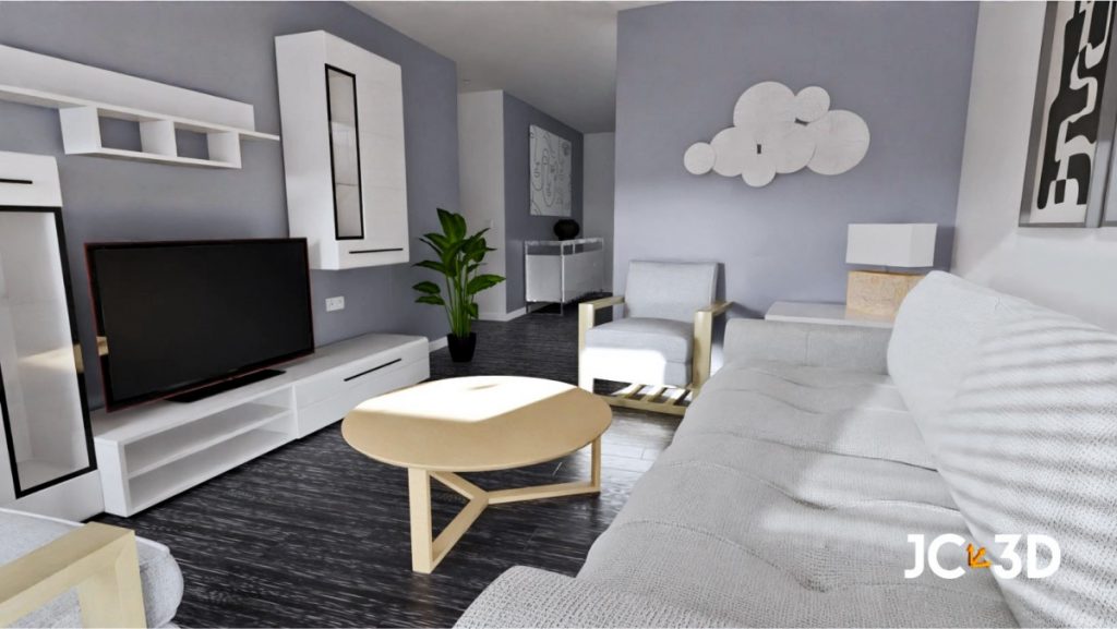 Infografía 3D de un salón comedor con colores neutros aptos para todas las estaciones. Visualiza tus espacios con Infografías 3D de J Capmany. Soluciones inmobiliarias