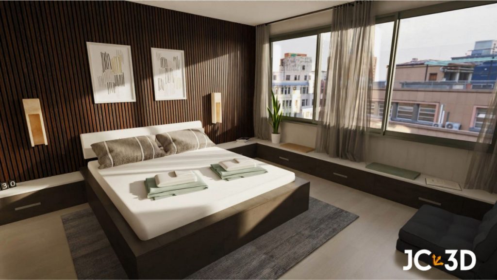 Infografía 3D de un dormitorio con colores terrosos para otoño e invierno. Visualiza tus espacios con Infografías 3D de J Capmany. Soluciones inmobiliarias