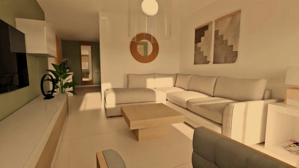 Infografía 3D de un salón con diseño acogedor en colores neutros, adaptado para todas las estaciones.