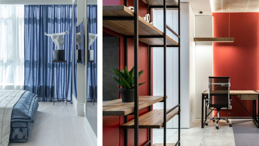 Habitaciones decoradas en diferentes colores dominantes, incluyendo una habitación azul calmante y una oficina roja estimulante