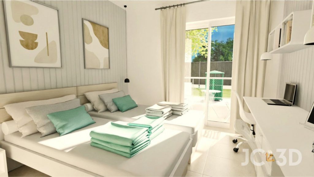 Infografía 3D de un dormitorio juvenil moderno y funcional
