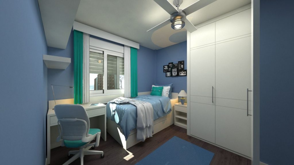 dormitorio juvenil funcional y acogedor en tonos brillantes de azul y verde