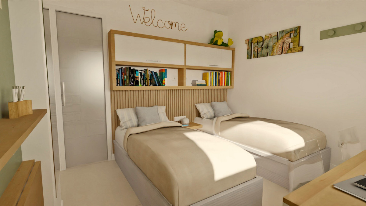 Dormitorio sereno con una paleta de colores verdes, y una decoración minimalista que resalta el orden y la tranquilidad. Infografía 3D de J Capmany