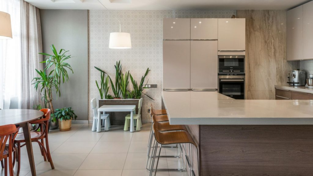 Una cocina con predominio de madera y color blanco, decorada con un gran macetón de hojas verdes.