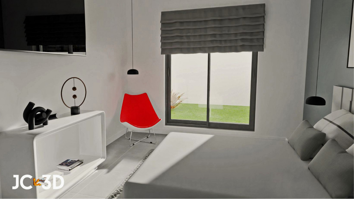 Dormitorio minimalista con espacio acogedor para desconectar. El entorno evoca el Menos es Más en el interiorismo.