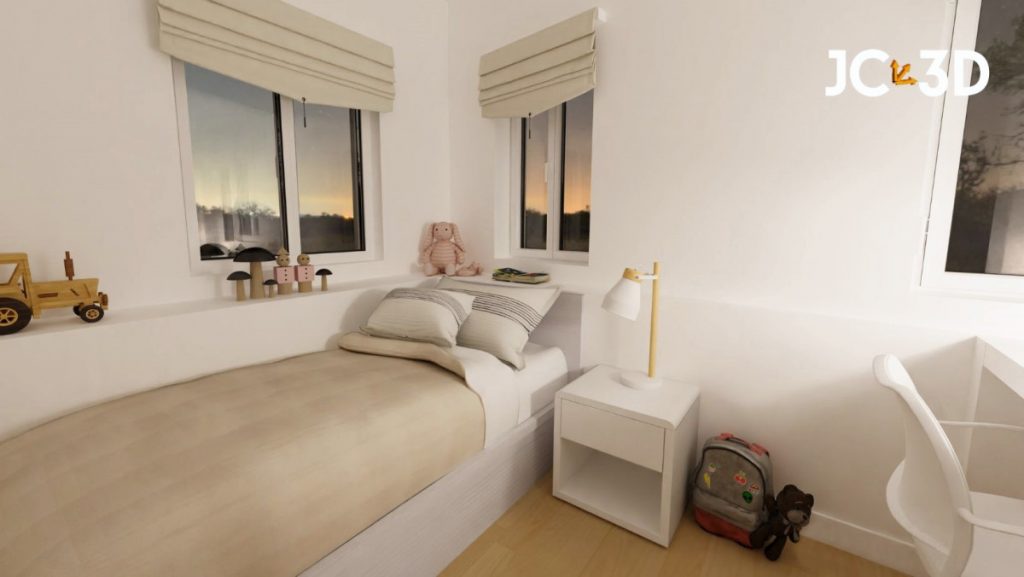 Infografía 3D de una habitación infantil moderna y luminosa con tres ventanas y colores neutros de Profesional 3D