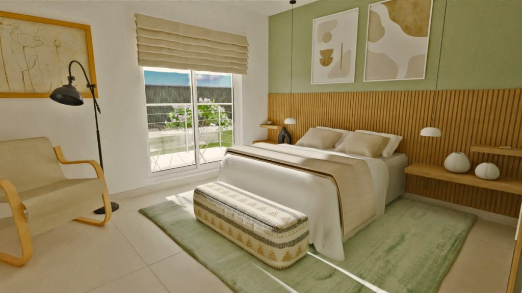 Dormitorio en tonos neutros combinando con madera y verdes. Diseño actual y minimalista. Infografía 3D de J capmany