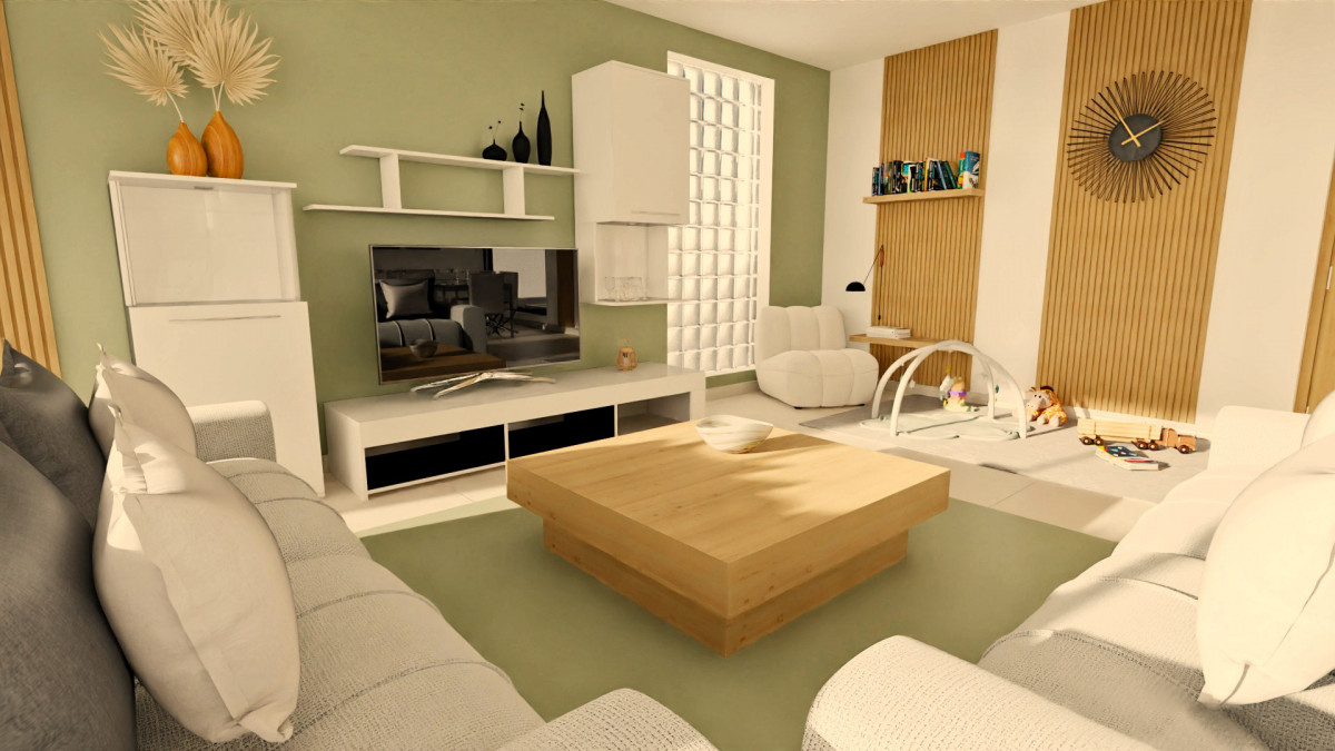 Salón actual diseñado para familias. Diseño moderno con tonos neutros combinado con verdes y madera. Infografía 3D de J Capmany